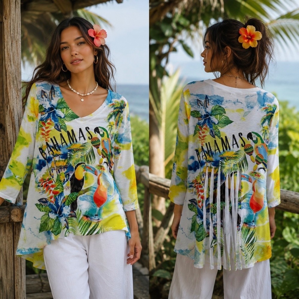Tropical Boho Bahamas Toucan High Low Tunic Top L Beads 3/4 Sleeve Gathered Back